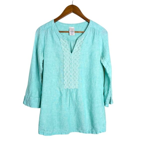 Lands' End Linen Tunic Top 4 Embroidered Crochet Green Split Neck 3/4 Sleeve - Picture 8 of 8